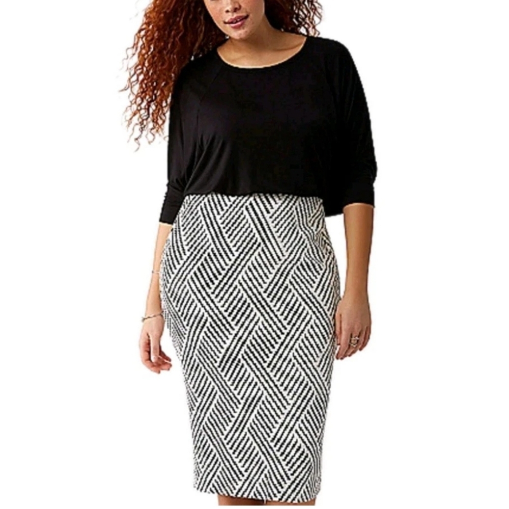 Lane Bryant Pencil Skirt Woman Plus Sz 20W White Black Jacquard Zig Zag Knit Zip